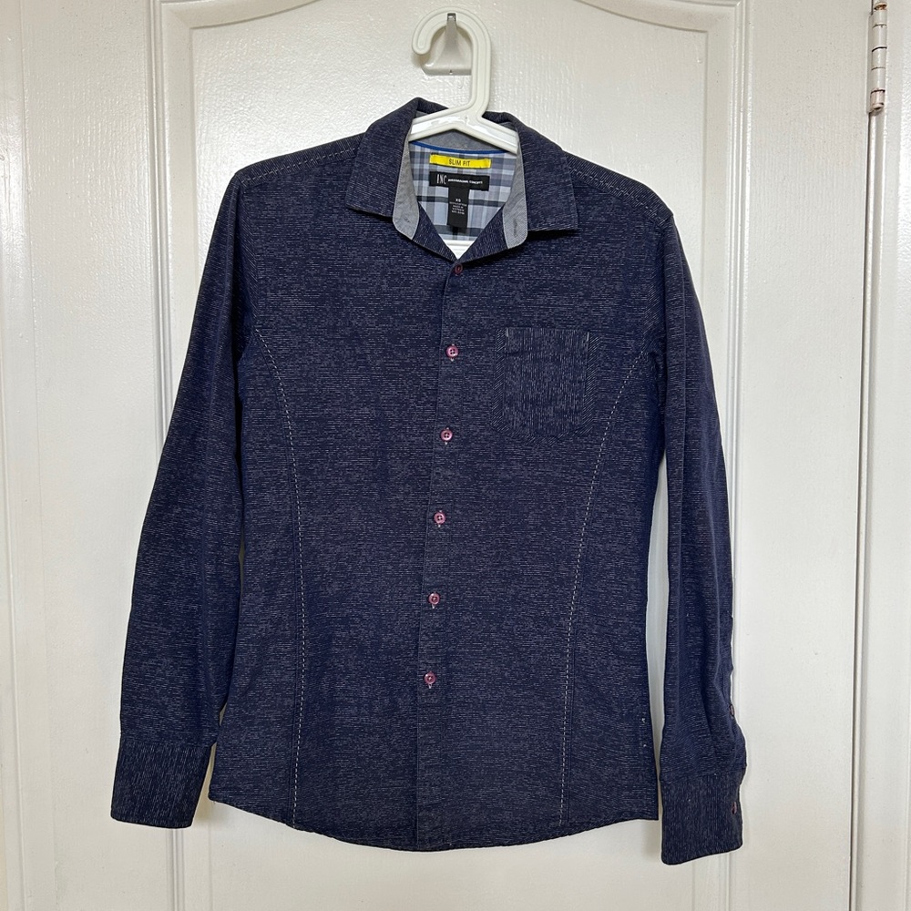 INC Men’s Slim Fit Button Down Dress Shirt | Dark Blue | Size XS